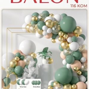 Dekorativni Set Balona – Maslinasto Zelena, Zlatna i Bež (116 komada)